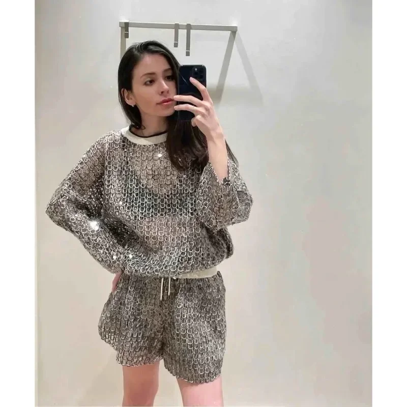 BC@ Sequin Pullover Women\'s 2024 Spring/Summer New Star Same Heavy Industry Beaded Wool Knitted Sweater