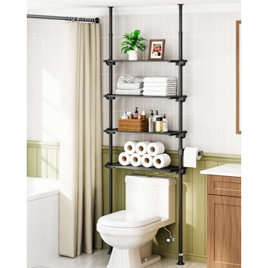 

Bathroom over-the-toilet storage shelf steel black adjustable 4-tier tension-mounted organizer fitting 66-113 inch heights