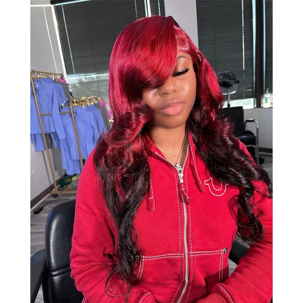 Linhua Cherry Red Omber Colored 13x6 Transparent Lace Wigs Remy Body Wave 180% 13x4 Lace Frontal Wig Preplucked With Baby Hair