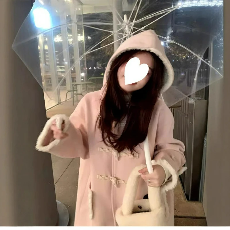 بلون معطف دافئ 2026 الخريف/الشتاء موضة منتصف طول معاطف صوفية مع أزرار القرن كيب قبعة الحلو معطف المرأة الأنيقة #6