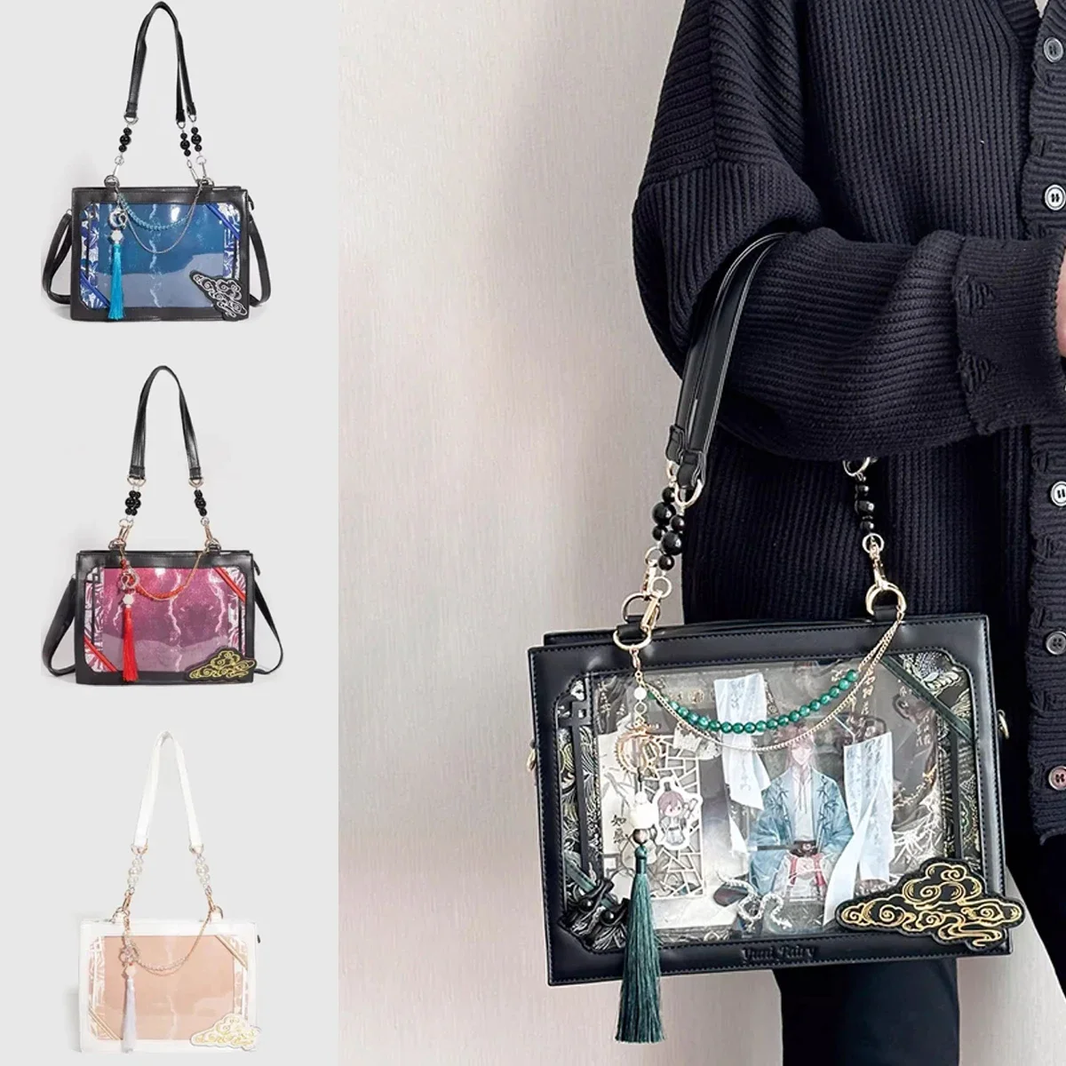 

Crossbody Ita Bag with Pink Display Insert Anime Cosplay Japanese Messenger School Shoulder Bag kawaii Hand Bag with Tassels