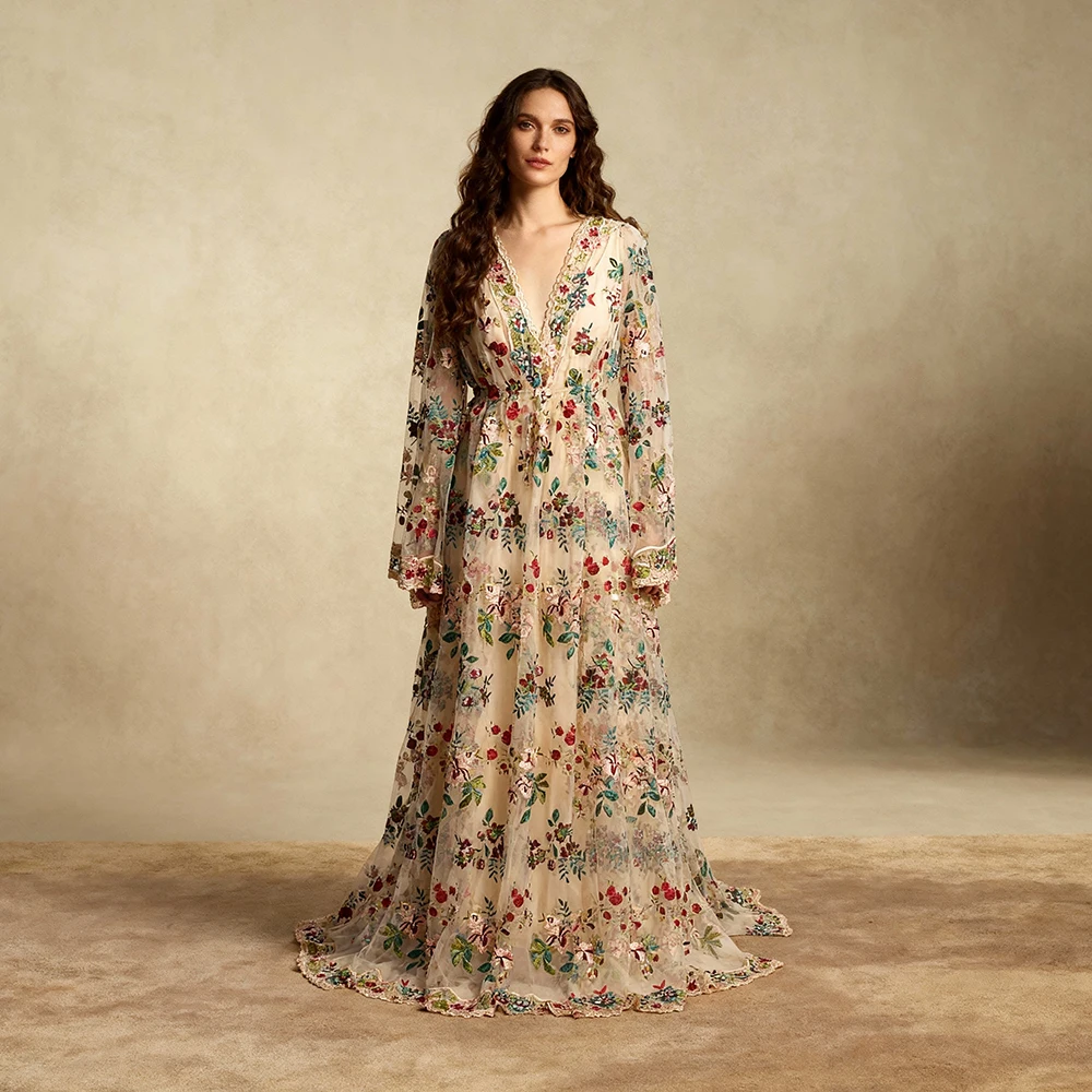 V-Ausschnitt, lange Ärmel, Blumenstickerei, Spitze, maßgeschneiderte Anlasskleider für besondere Anlässe, Kleid für schwangere Frauen YW231000