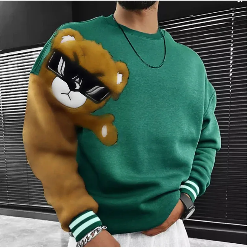 Cute Teddy Bear Printted Hoodies Casual Loose O-Neck Loog Sleeve Solid Color Pullover Spring Autumn Men Fashion Personality Tops