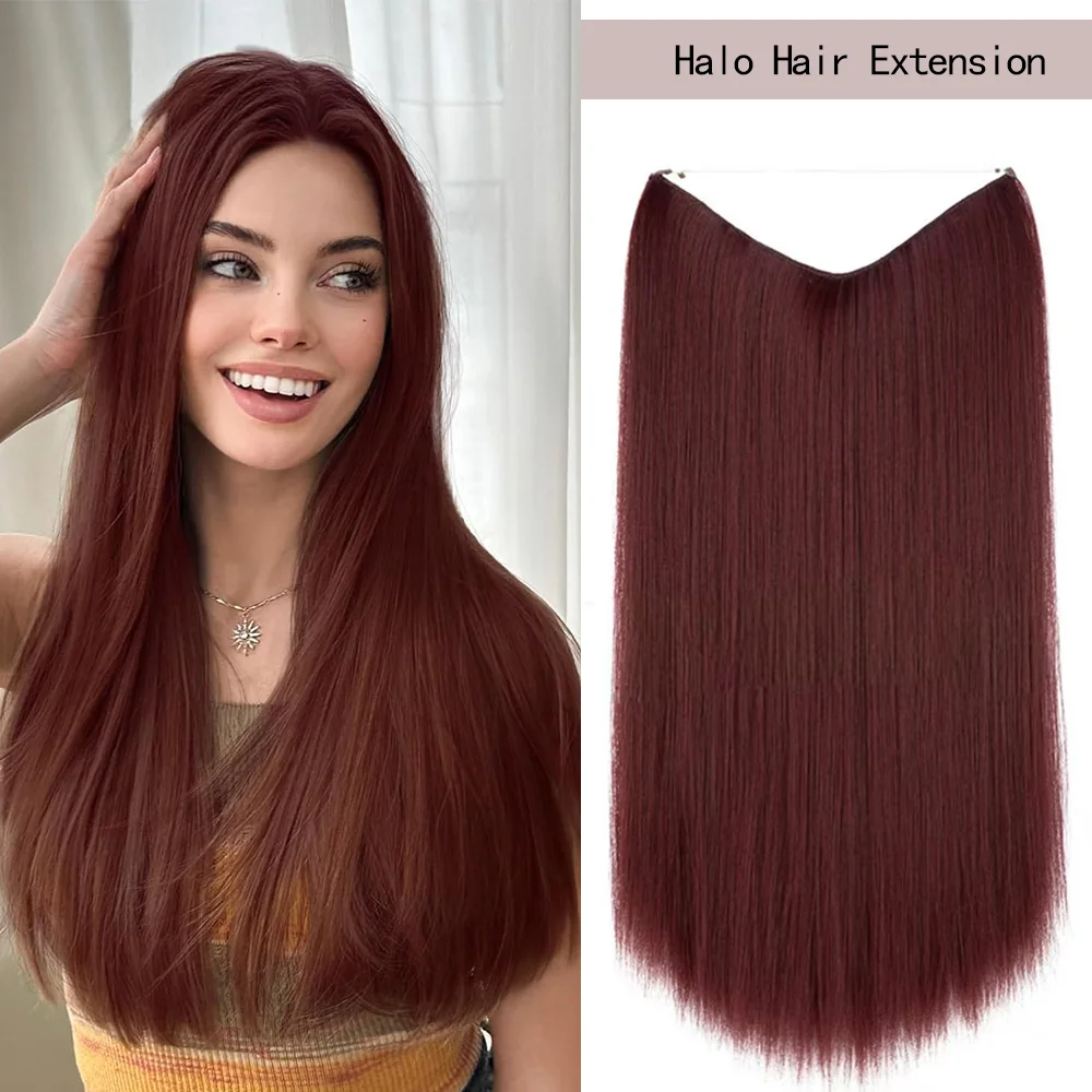 

22 дюйма 120 г наращивание волос из рыбьей лески синтетическое красное вино 4/27 мелирование 27/613 прямой зажим для наращивания волос Halo для женщин