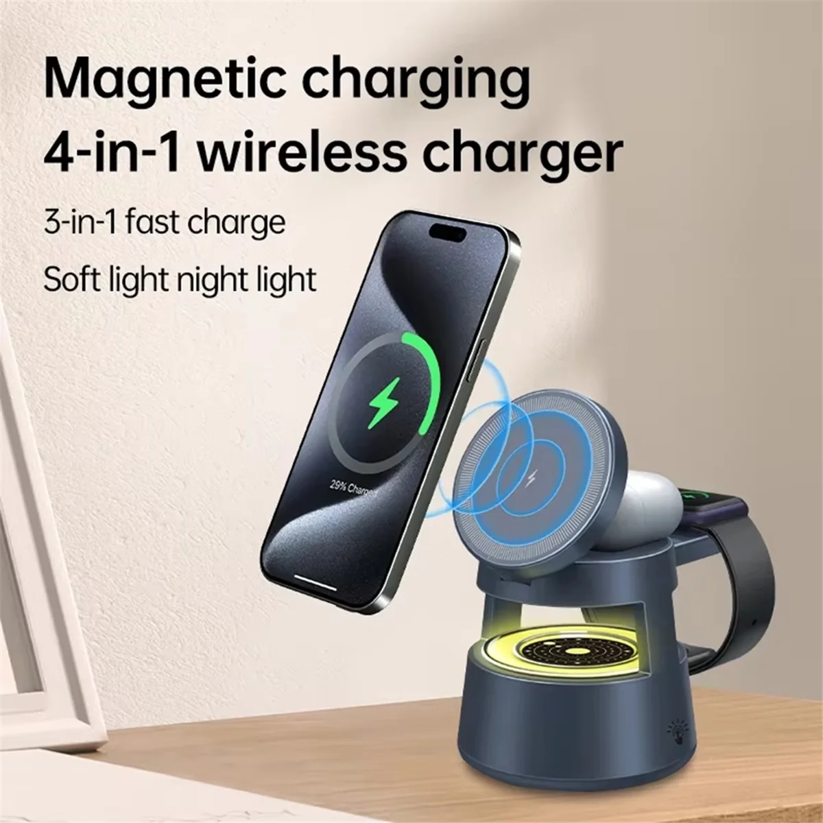 Bezprzewodowa ładowarka 5 w 1 Lampka nocna LED Głośnik Bluetooth do iPhone'a 16 15 14 Apple Watch 9 8 Airpods Pro