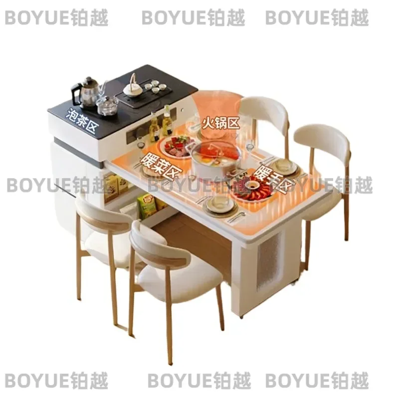 Compact Movable Island Dining Table with Retractable Top and Built in Smart Induction Cooker for Small Space Kitchen Home Use