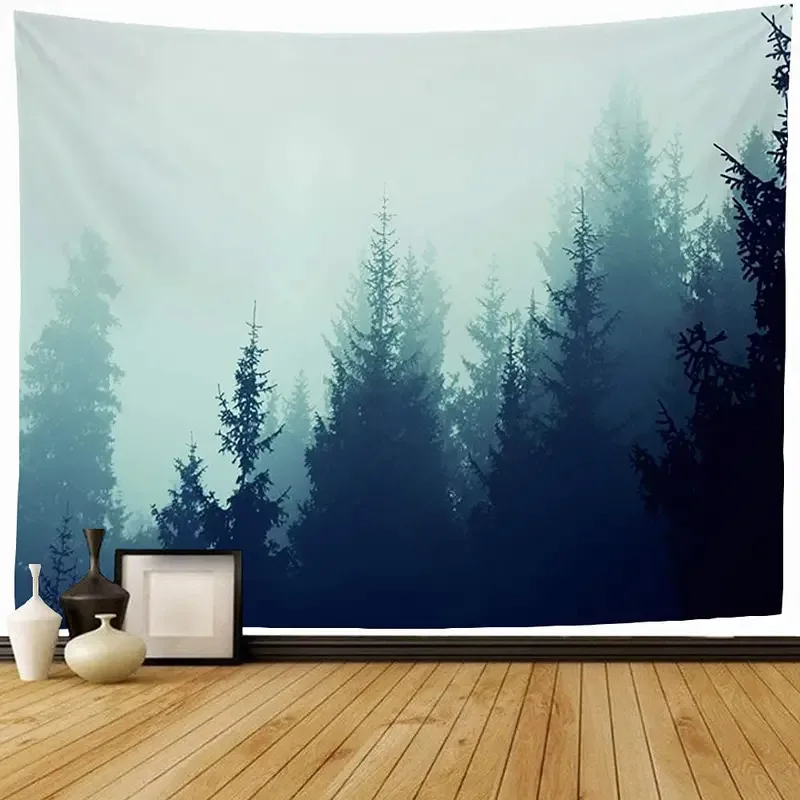 VIKAMA Wandteppich „Misty Forest“ mit Farbverlauf, blauer Kiefernwald, nordischer minimalistischer Stil, Wohnzimmer, Heimdekoration