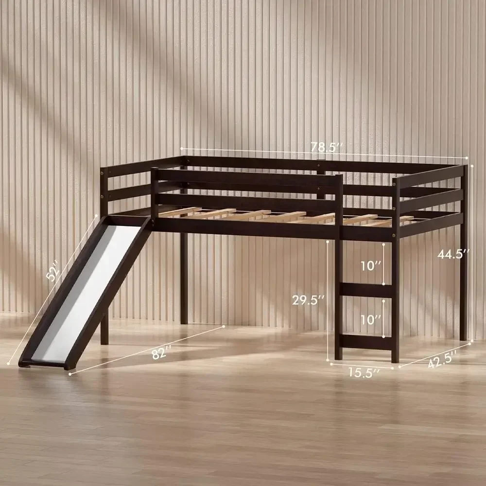 Twin Lot Bed with Slide, Low Loft Bed with Stairs, Solid Wood Twin Loft Bed with Climbing Ladders, Guard Rails & Slat Support