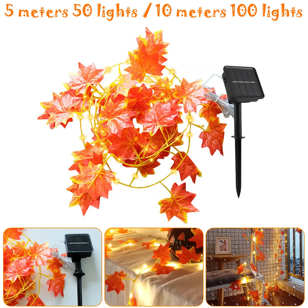 Solar Maple Leaves String Lights LED Fall Leaf Garlands Light with 8 Modes Waterproof Solar Fairy String Lights Garden Decor