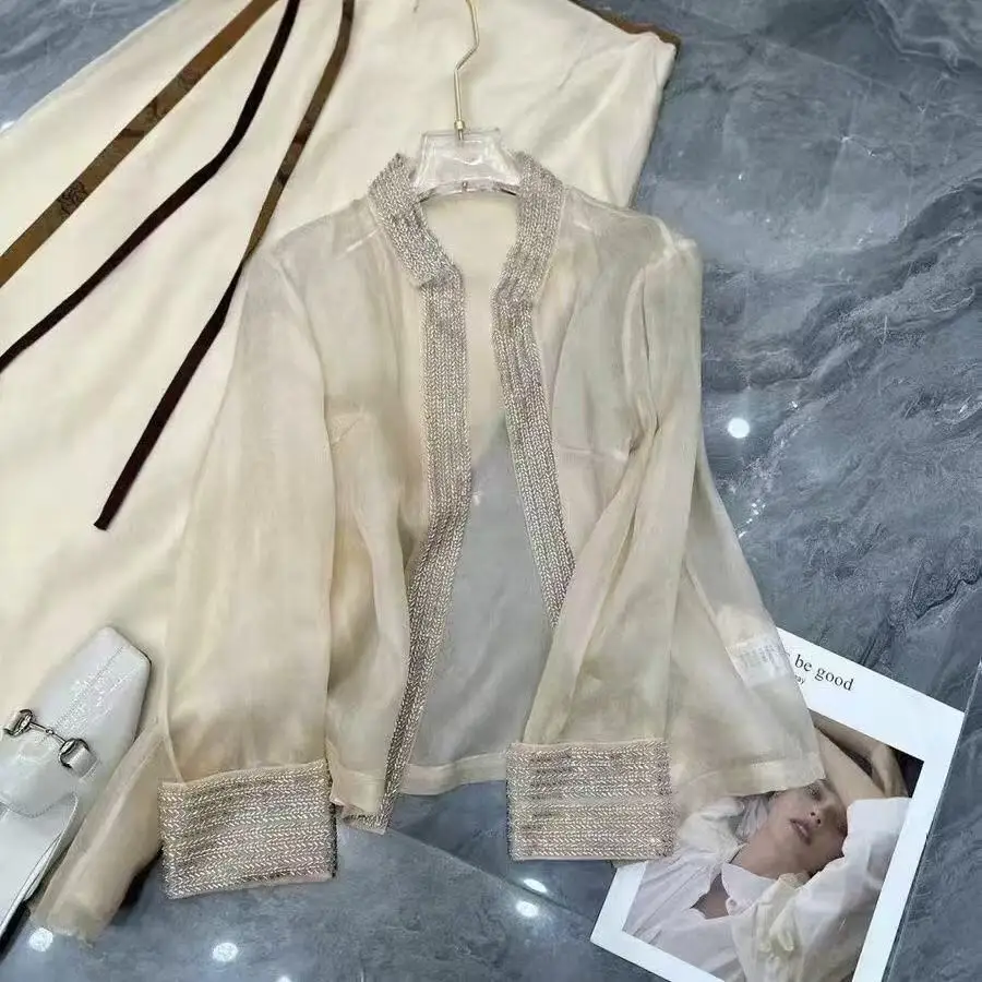 New Chinese Style Light Luxury Tops Women's Hanfu Inspired Light Thin Long Sleeved Shirt Vintage Heavy Industry Jacket Female