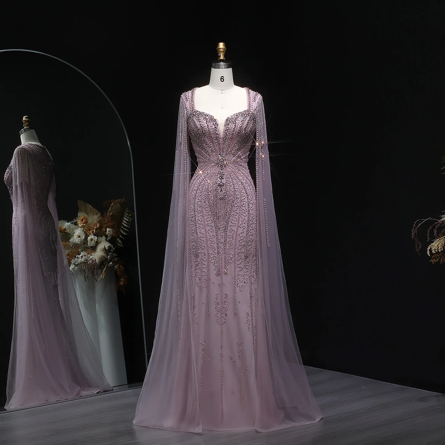 Sharon Said Dubai Luxuriöses Champagner-Meerjungfrauenkleid mit Cape-Ärmeln für Damen, Hochzeitsfeier, Ballkleider SS024, Maßanfertigung – Detail 3
