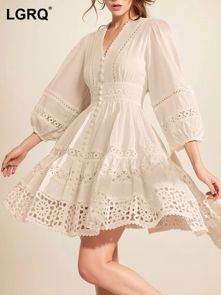 

LGRQ Women's Elegant Embroider Dress Fashion V-neck Pullover Solid Color Party Dresses Female 2024 Summer New Clothing 19ZZ752