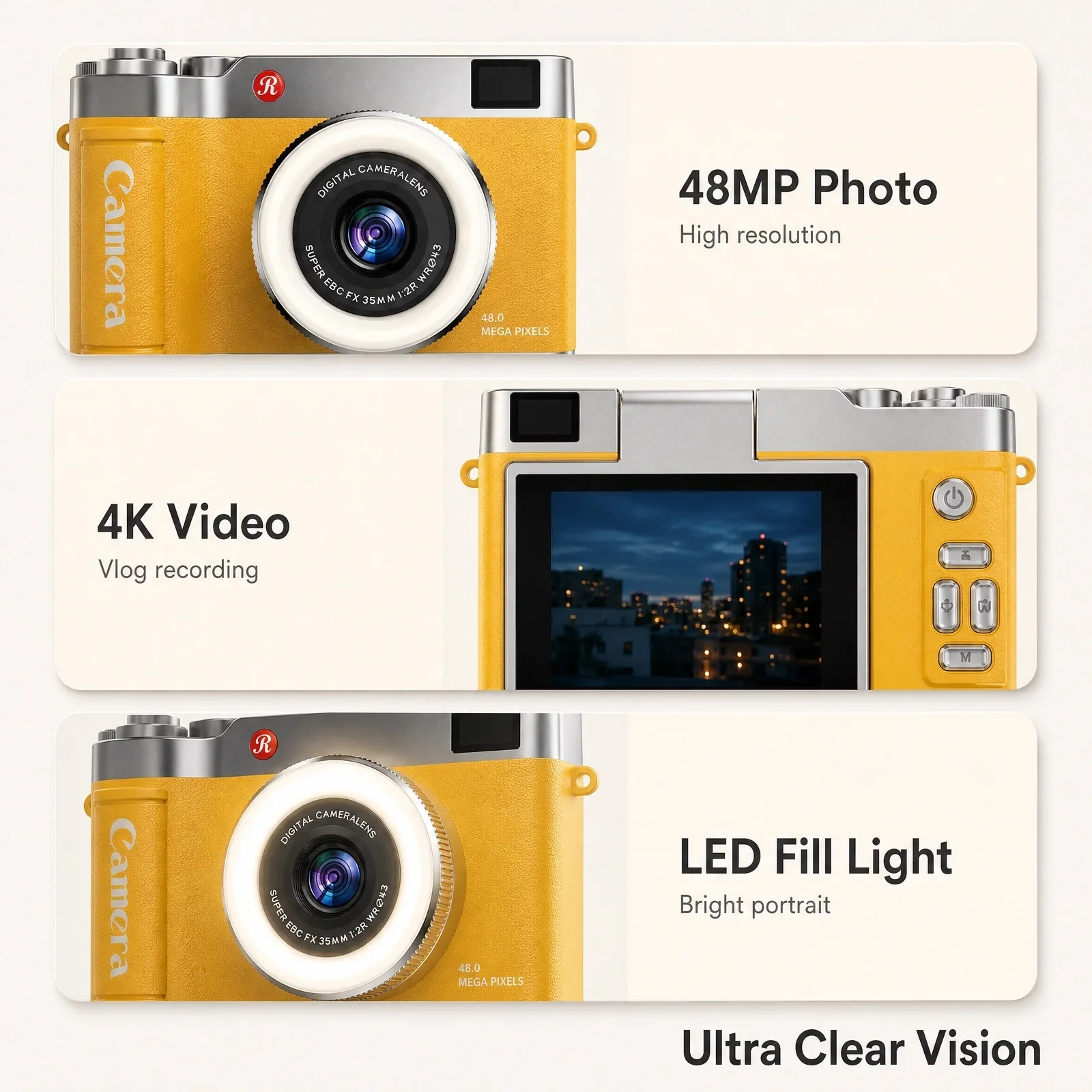 4K Digital Camera 180°Flip Screen Vlog 8X Digital Zoom LED Fill Light Filters,Portable Retro Digital Video Camera for Student