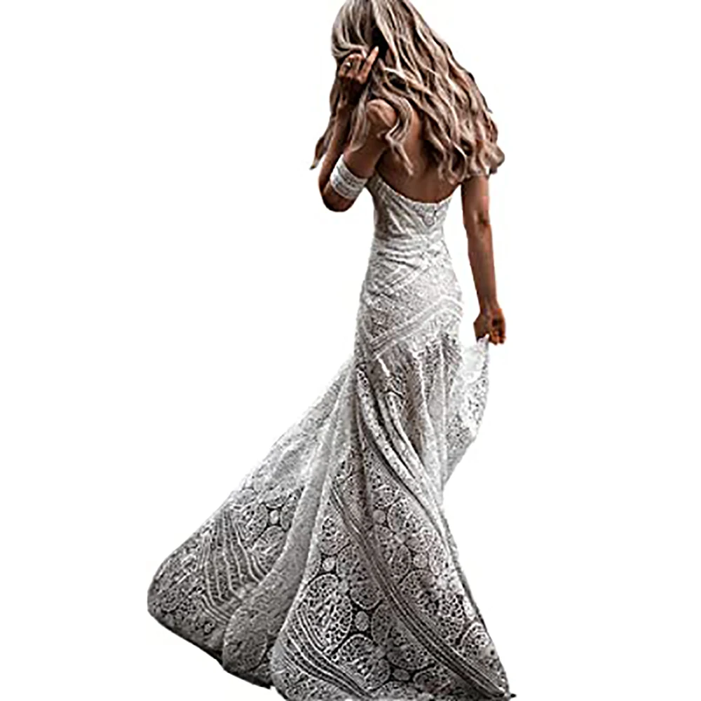 

Womens Long Wedding Dress Lace Sweetheart Neck Backless Strapless Detachable Arm Bands Sweep Train Bridal Gown