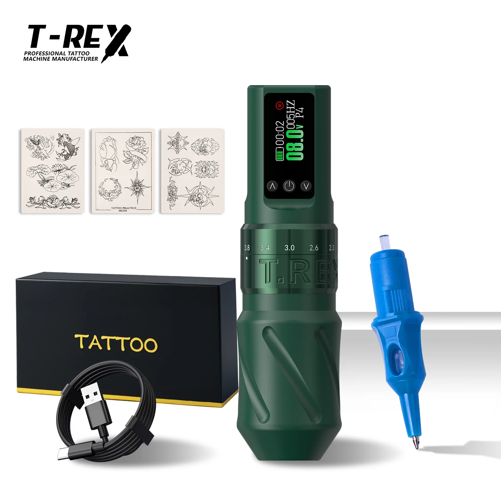 

Набор для татуировки T-rex, беспроводной вращающийся набор ручек для татуировки с 7 регулируемыми ходом, 2,0-4,2 мм, 1600 мА, комплект тату-пистолета