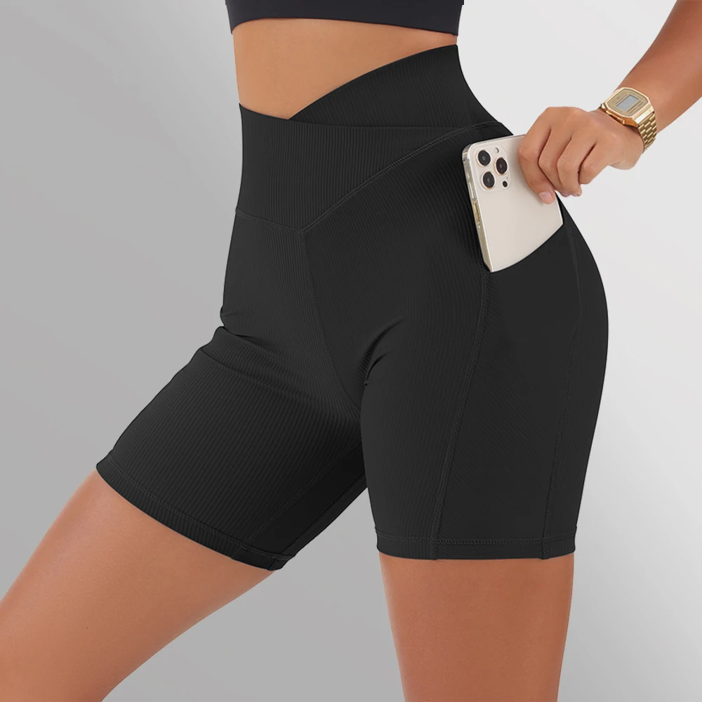 Crossover Workout Gym Shorts Women Yoga Shorts Women Pocket Fitness Leggings Scrunch Butt Booty Short Seamless High Waist Shorts