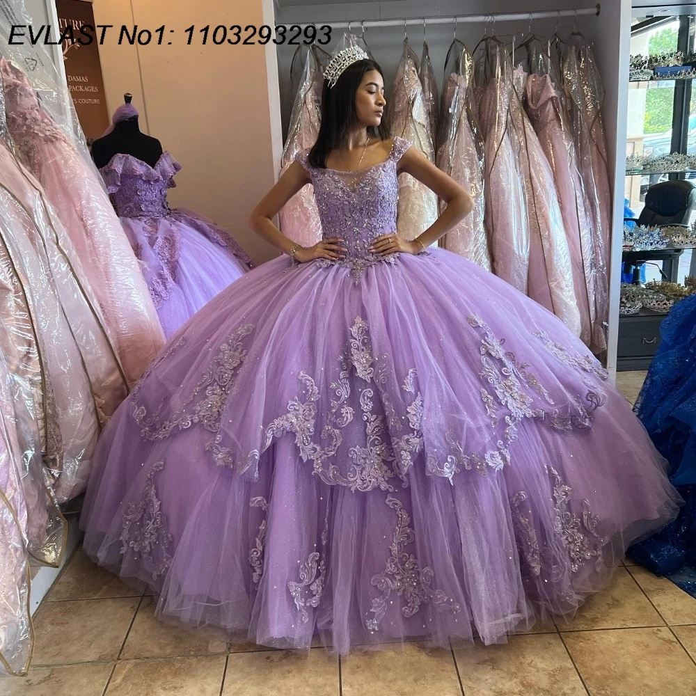 

EVLAST Customized Shiny Lilac Quinceanera Dress Ball Gown Lace Applique Beading Bow Corset Sweet 16 Vestido De 15 Anos E1Q148