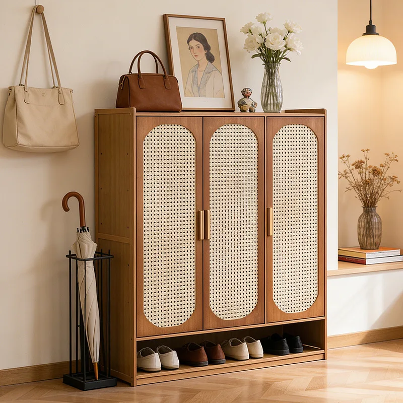 Multi layer bamboo antique style shoe cabinet, rattan breathable shoe cabinet, living room kitchen dining room storage cabinet