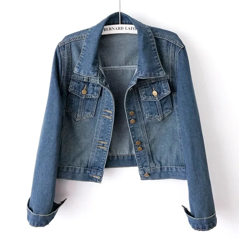 Spring Autumn Vintage Wash Blue Denim Jacket Women Loose Short Cowboy Outerwear Big Pocket Long Sleeve Jeans Jacket Coat Female