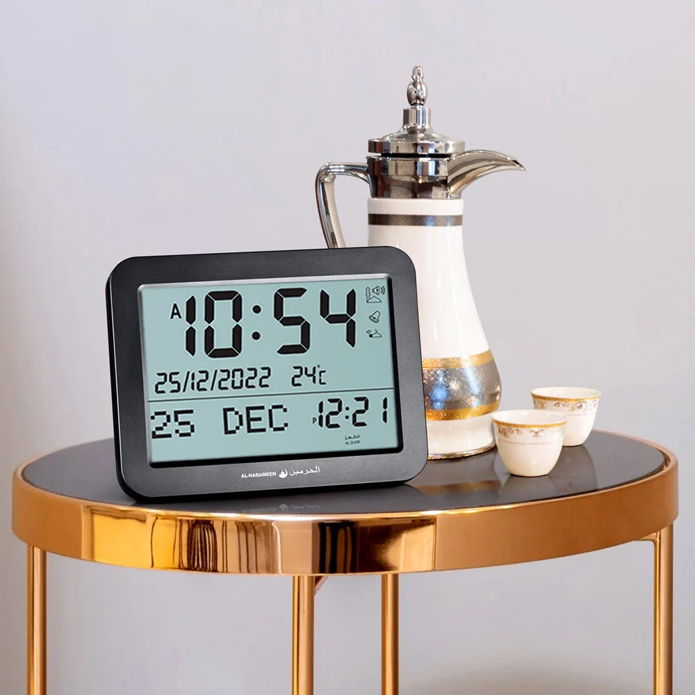 

Clock for Muslim Prayer Al-Harmeen Table Time with Big LCD Screen Prayer Reminer Qibla Direction Hijri Calendar and Temperature