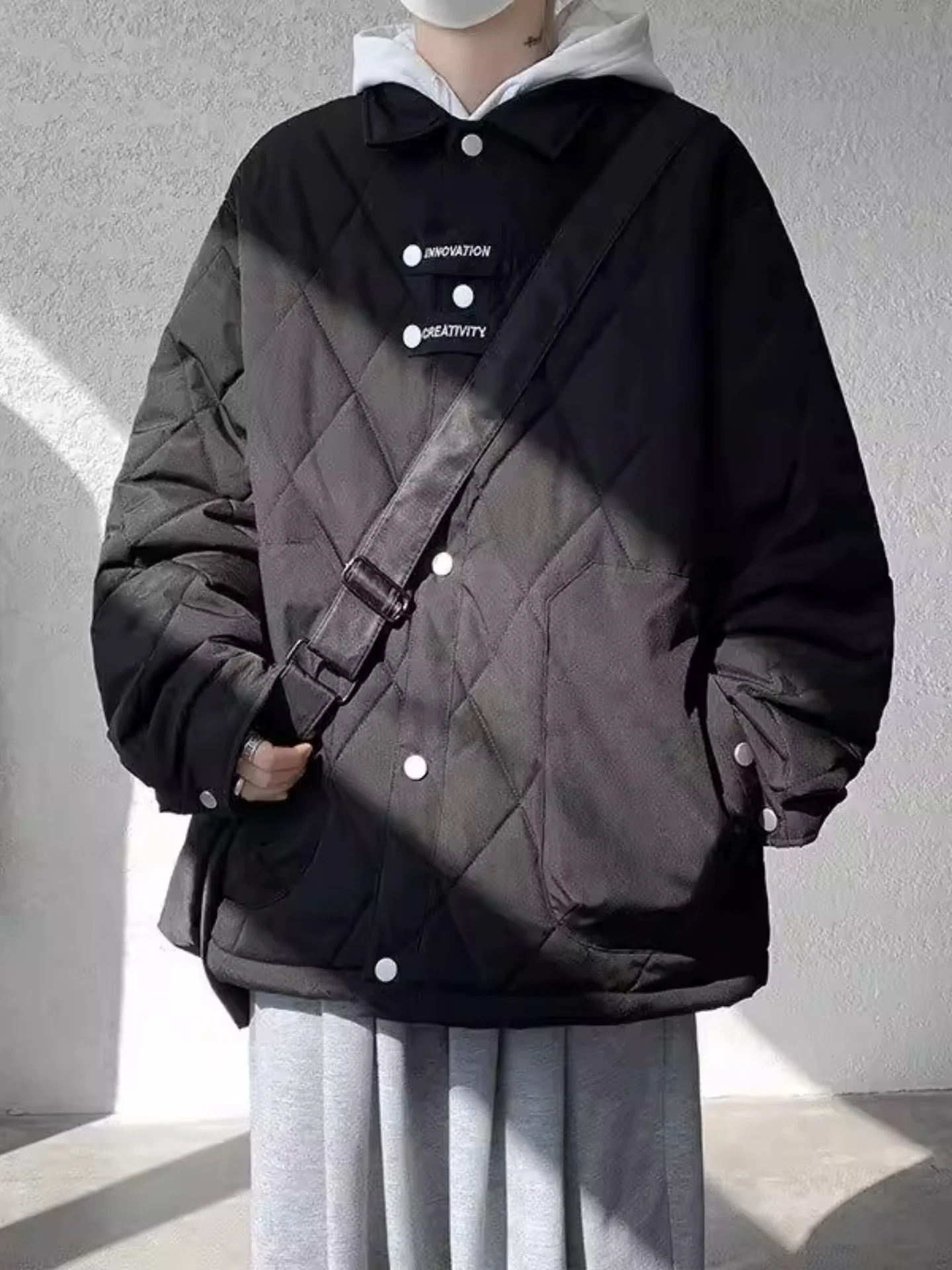 

Men's Winter Thiened Cotton Jaet Diamond Pattern Warm Outerwear Large Size Cotton Clothes Casual Sle Zipper Closure