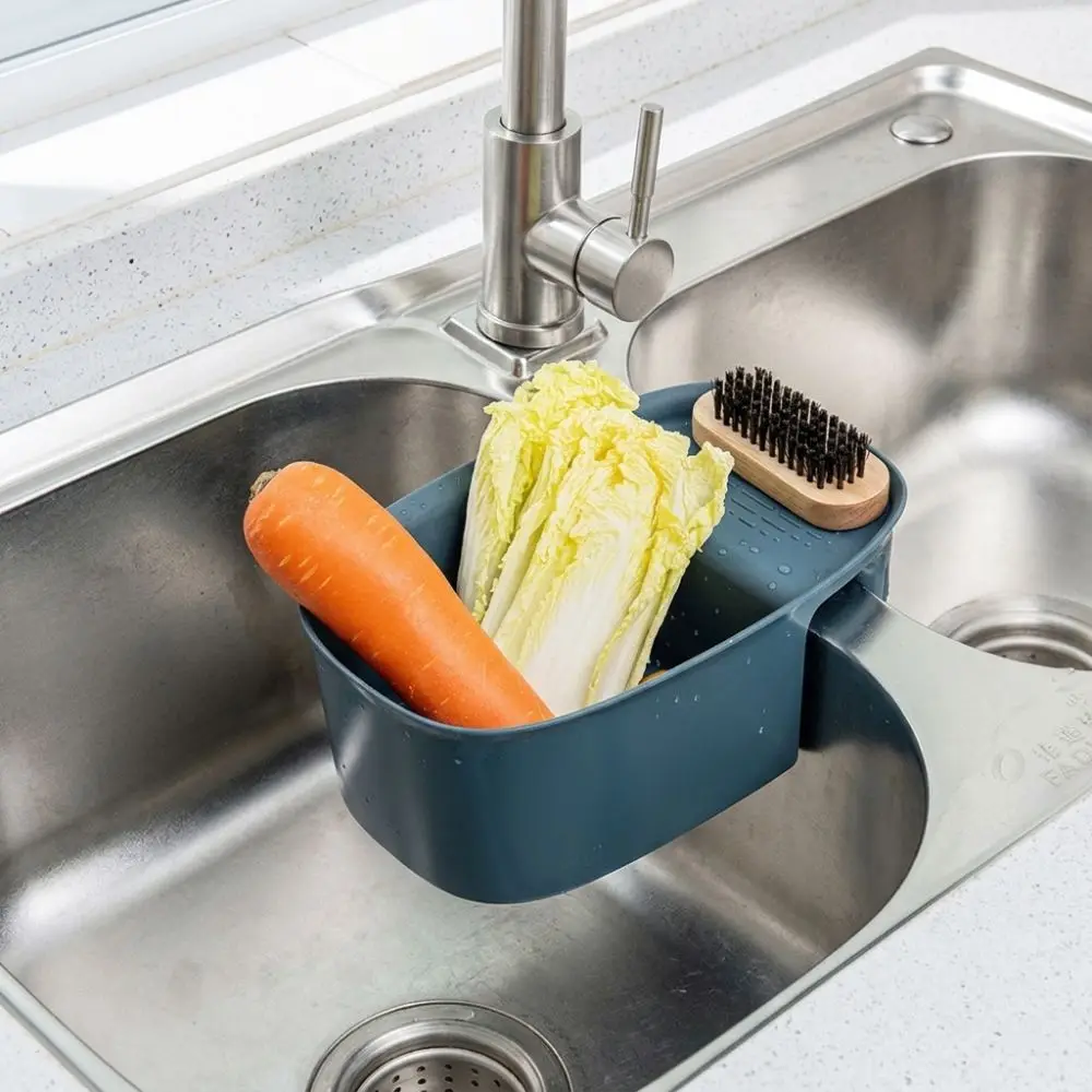 Plastic Sink Drain Basket Hanging Hook Saddle Shape Drain Shelf Basket Wet and Dry Separation Drain Holes Trays