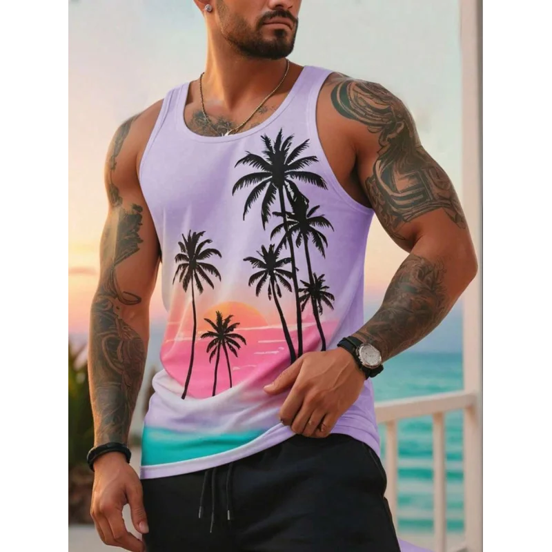 Champion Men's Bodybuilding Tops 3D Hawaiian Print Muscle Singlet Beach Functional Training Gym Quick Dry Stretch Tank Top