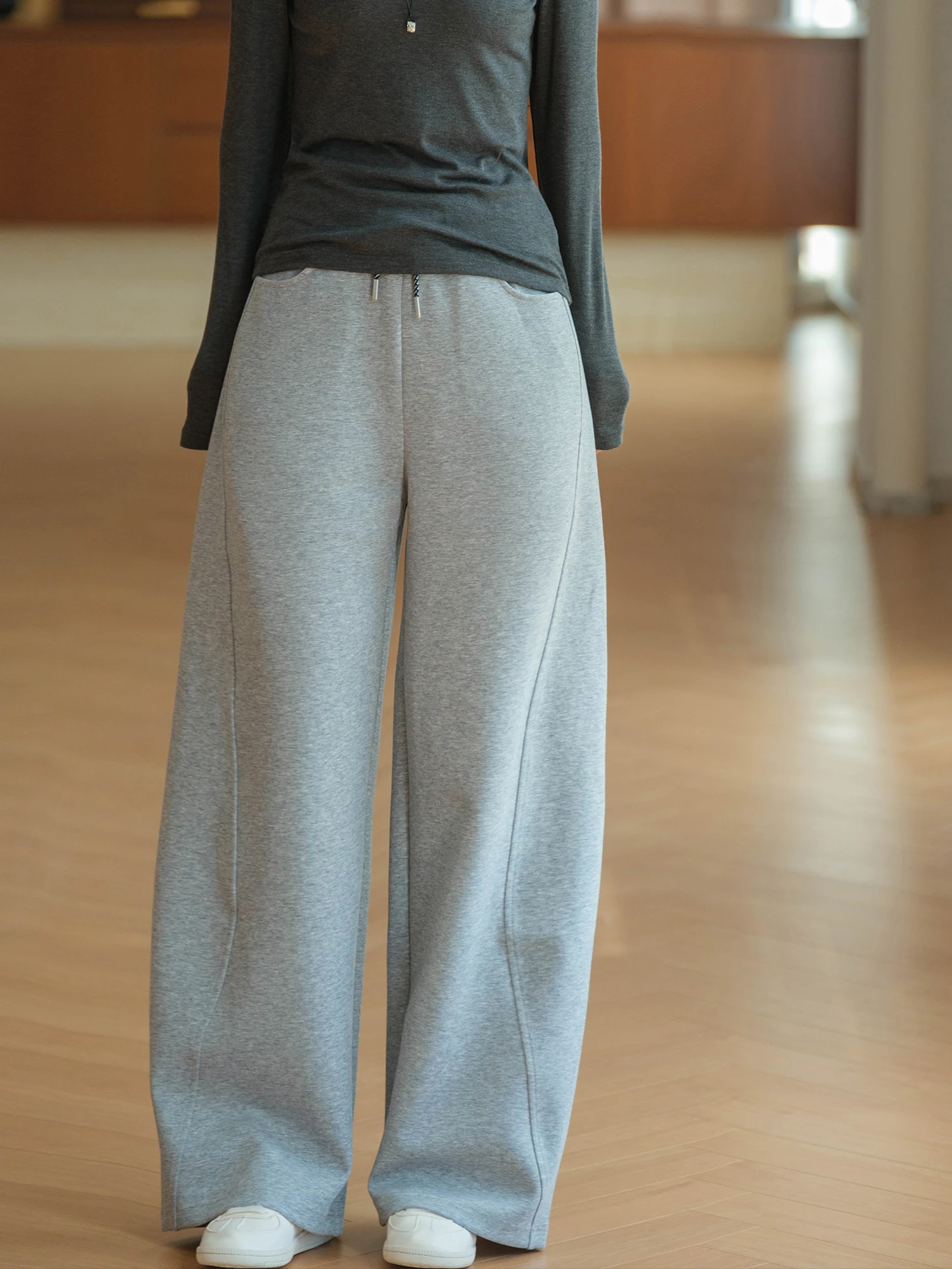 Light Air Layer Arc Multi-line Partition Drawstring Elastic Waist Bracket Pants Casual Style Cotton Polyester Spandex Blend