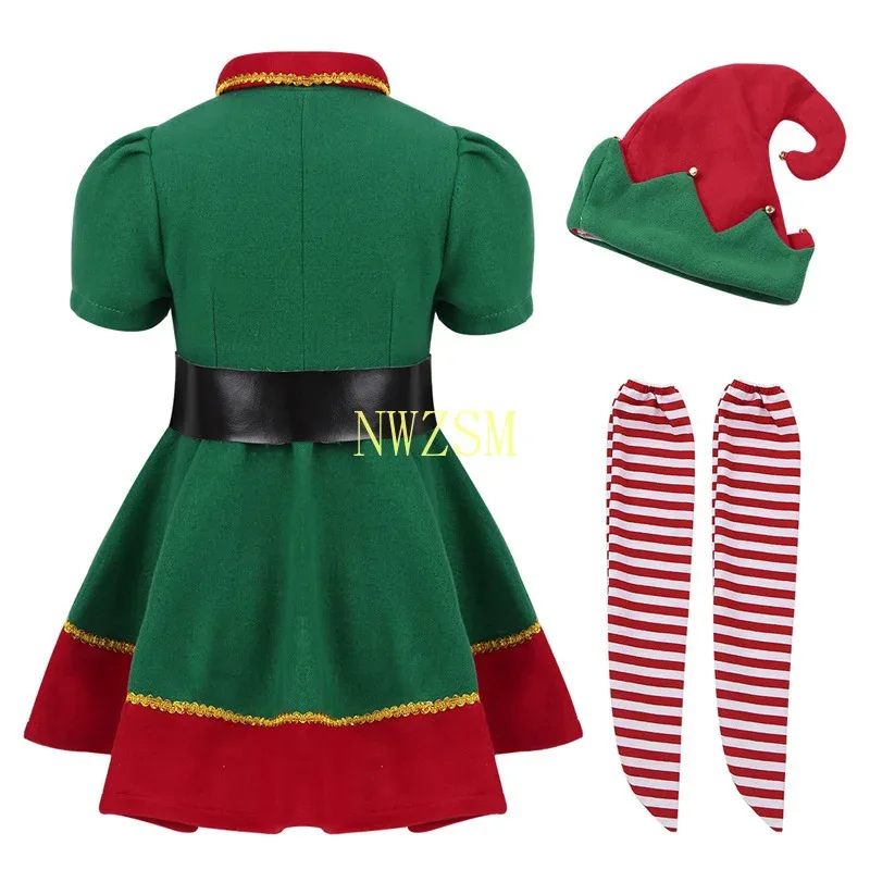 

COSda@Christmas Elves Costumes Women Christmas Halloween Costume Long Sleeve Green And Red Girl Elf Dress KIDS Christmas Costume