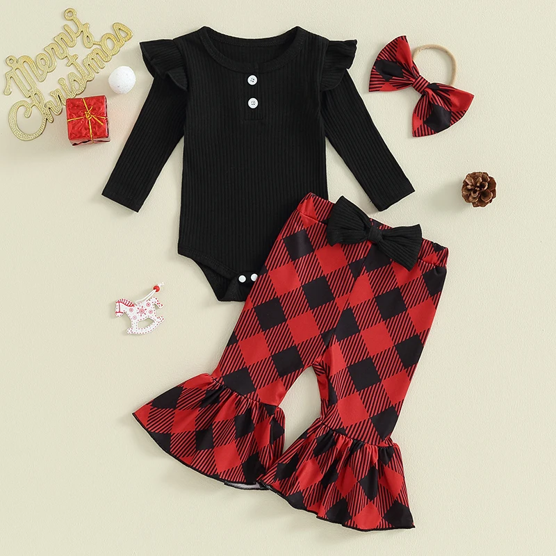 

Newborn Baby Girl Christmas Outfits 3 6 12 18 Months Romper Bell-bottoms Headband Infant Girl Clothes Set