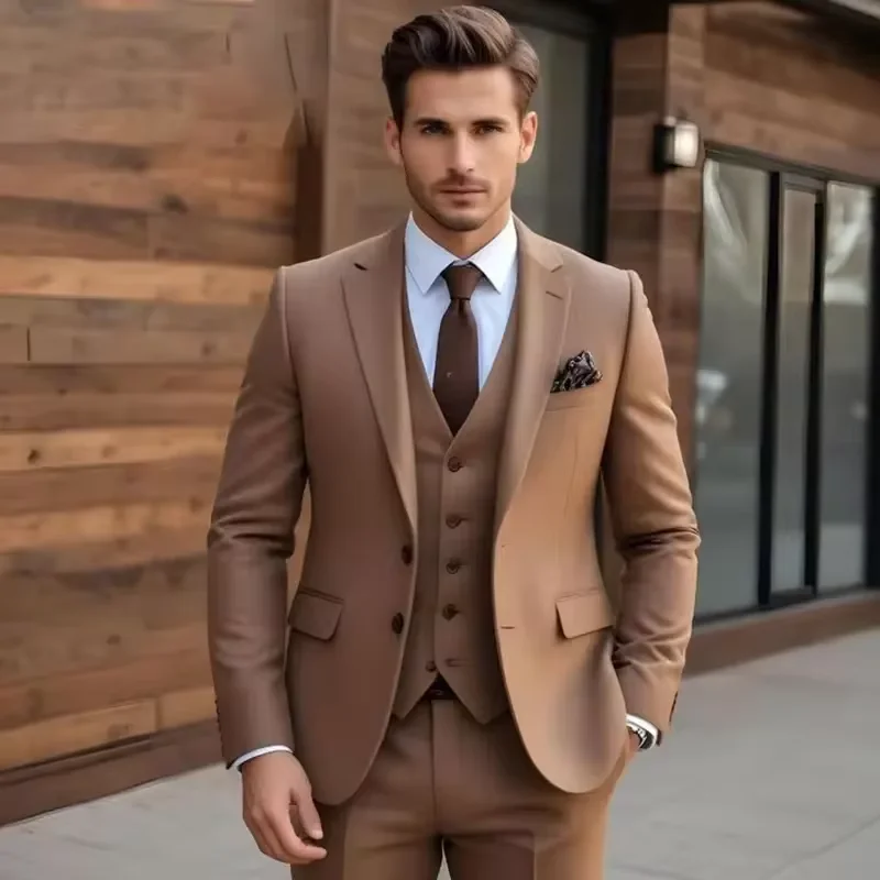 

3-piece brown men's slim fit jacket, long pants vest, single breasted wedding groom's dress, men's dance custom jacket