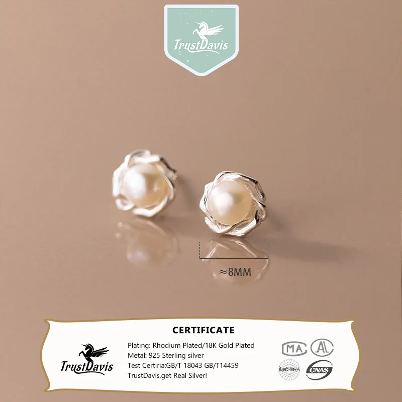 TrustDavis Real 925 Sterling Silver Minimalist Petals Stud Earrings Pearl for Women Anniversary Party Fine S925 Jewelry DS4004