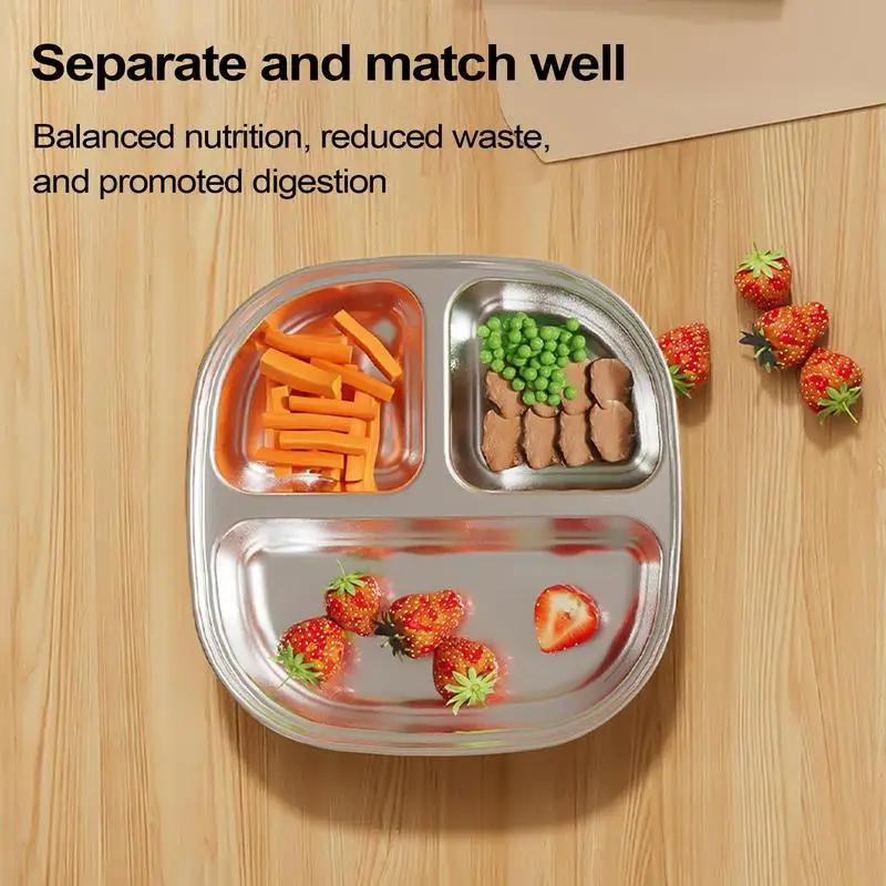 Kids Divided Plates Toddler Dishes Kids Plates Tray Non-Slip Stainless Steel Dinnerware With Suction Cup Dishwasher Safe Bowl
