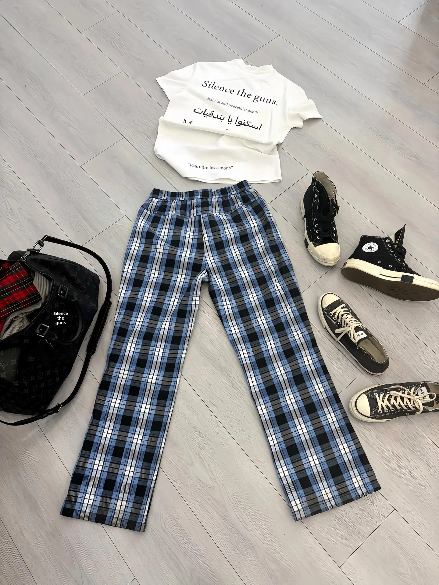 

American Retro Contrast Color Plaid Men's Summer Thin High Waist Lift Sport Casual Pants Straight Leg Wide Leg Casual Pants
