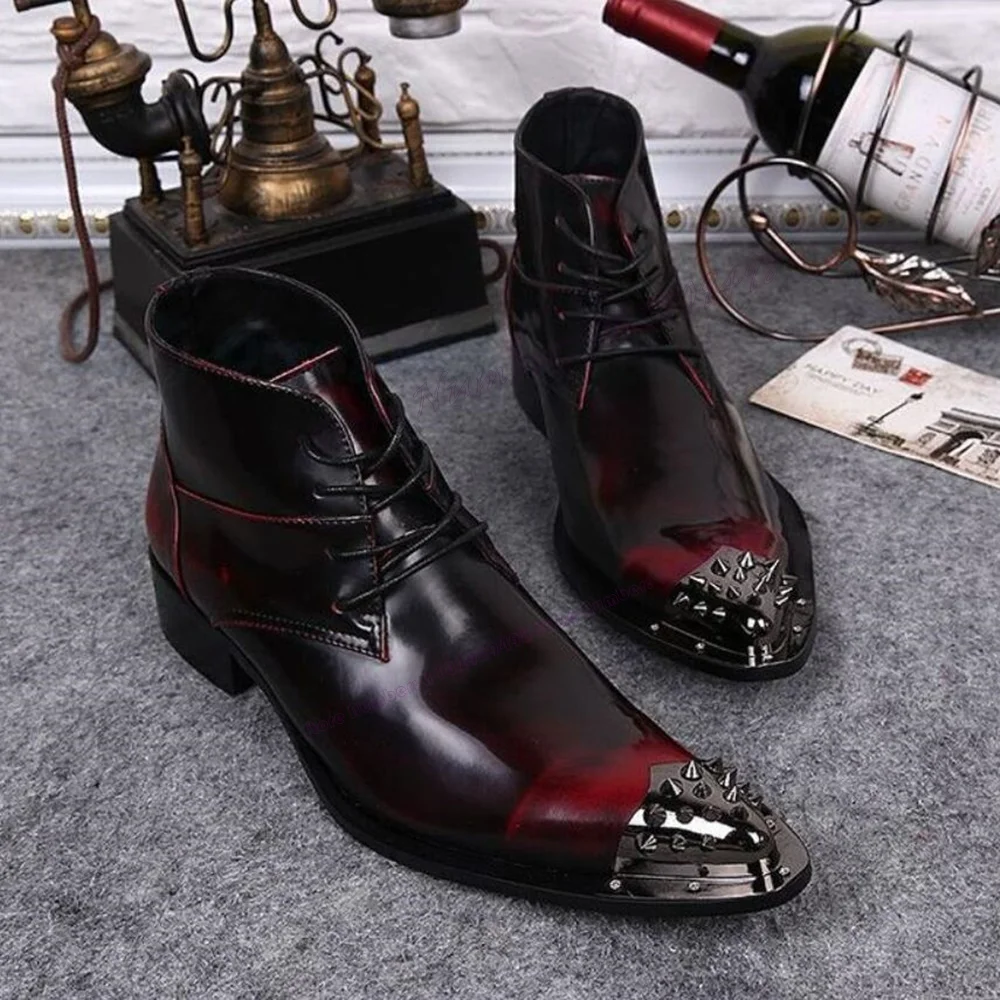 Cross Tied Rivet Decor Men's Ankle Boots Pointy Toe Chuky Heels Chelsea Shoes for Men Business Party Shoes Zapatos Para Hombres