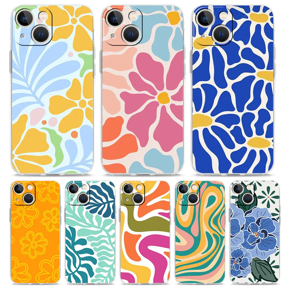 Phone Case For iPhone 16 15 14 13 12 11 Pro Max XS X XR 7 8 Plus soft Shockproof TPU Clear Cover Abstract Flower Market