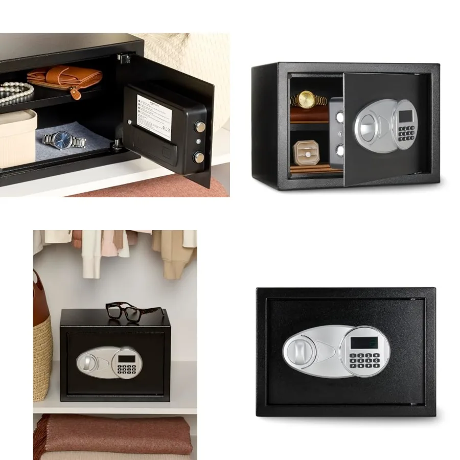

Steel Security Safe and Lock Box with Electronic Keypad, Secure Documents Storage, Black,,13.8W x 9.8D x 9.8H, Removable Shelf