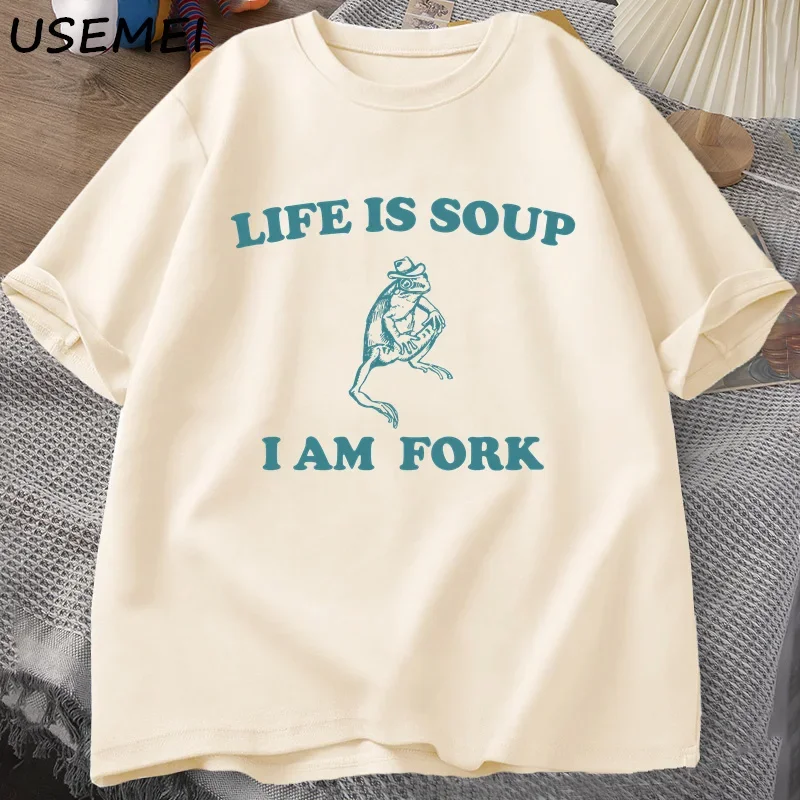 Life Is Soup I Am Fork Frog Graphic T Shirt Cotton Unisex Funny Retro T-Shirt Summer Animal Printed Tshirt Frog Meme Tees