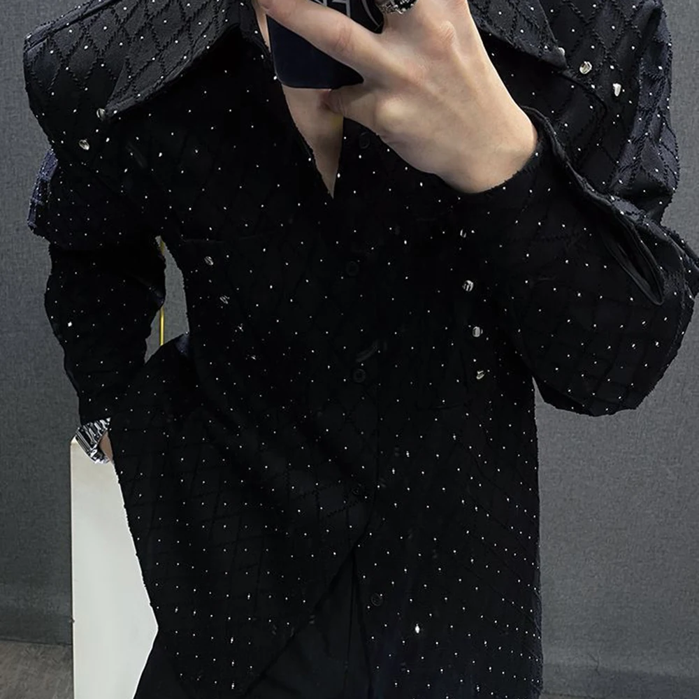 Mens Y2k Spring Shirt Starry Sky Sparkling Ballroom Casual Shirt Streetwear Fashion Nightclub Stage Wear Youth Top Men'S Wear
