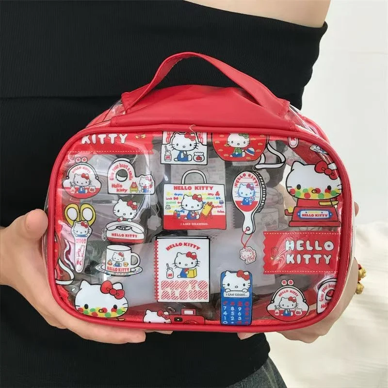 

Hot Hello Kittys Pvc Transparent Makeup Bag Cartoon Portable Handheld Large Capacity Waterproof Skincare Storage Bag Washing Bag