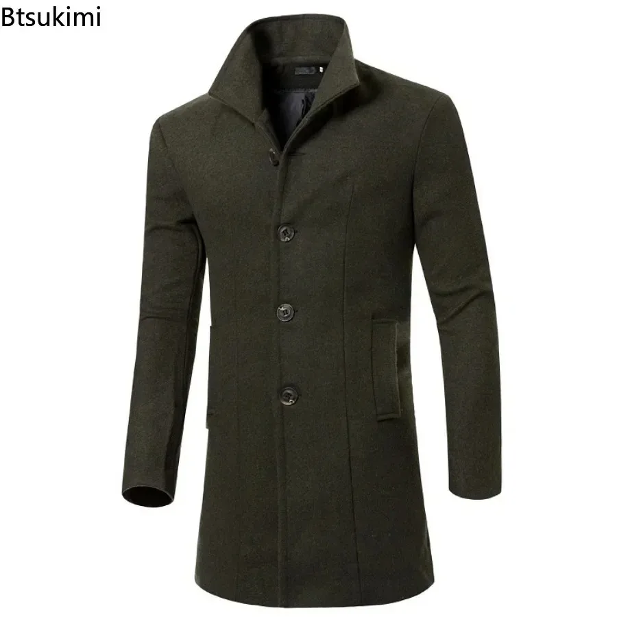 New Men's Warm Woolen Trench Jacket Solid Slim Woollen Jacket Coats Male Fashion Windproof Stand Collar Long Outwear for Men
