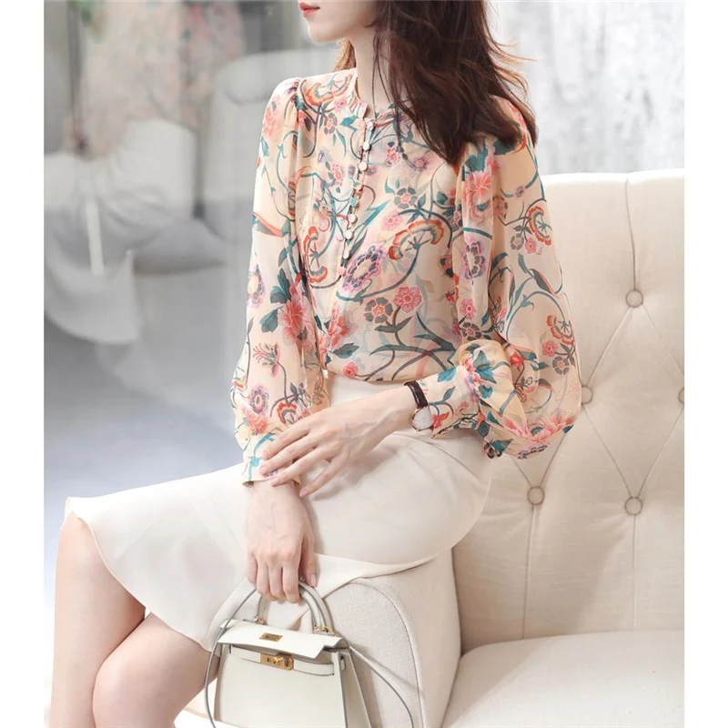 Fashion Elegant Chic Sweet Floral Print Loose Office Lady Shirt Spring Summer Casual Long Sleeve Chiffon Blouse Top Women Blusas