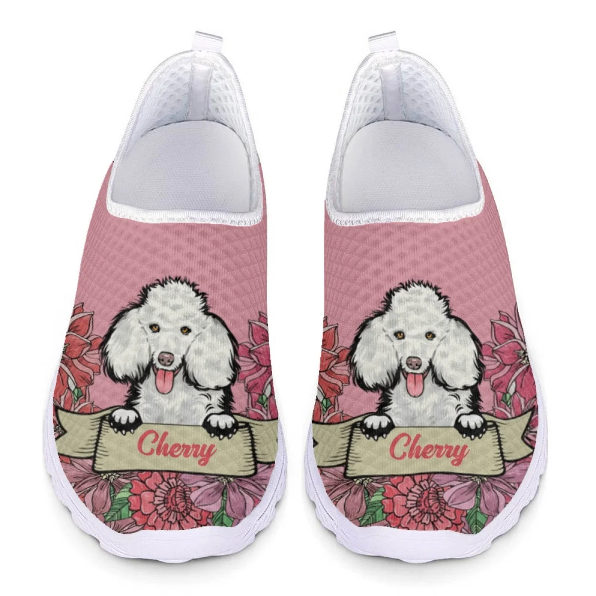 INSTANTARTS Women's Custom Name Flats Poodle Dog Floral Pattern Lady Wear-Resistant Tennis Snekaers Casual Slip-on Mesh Loafers