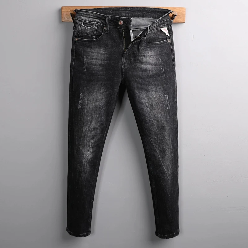 

Italian Style Fashion Men Jeans Retro Black Gray Stretch Slim Fit Ripped Jeans Men Embroidery Designer Y2K Vintage Denim Pants