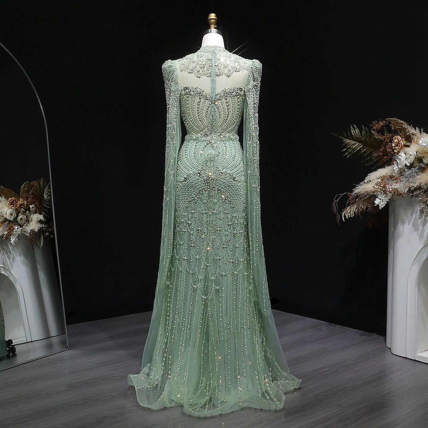 Sharon Said Elegantes Blaues Perlenbesetztes Abendkleid mit Cape-Ärmeln, Hochgeschlossenem Kragen, Arabisches Partykleid für Hochzeitsgäste SS079 Maßanfertigung – Detail 19
