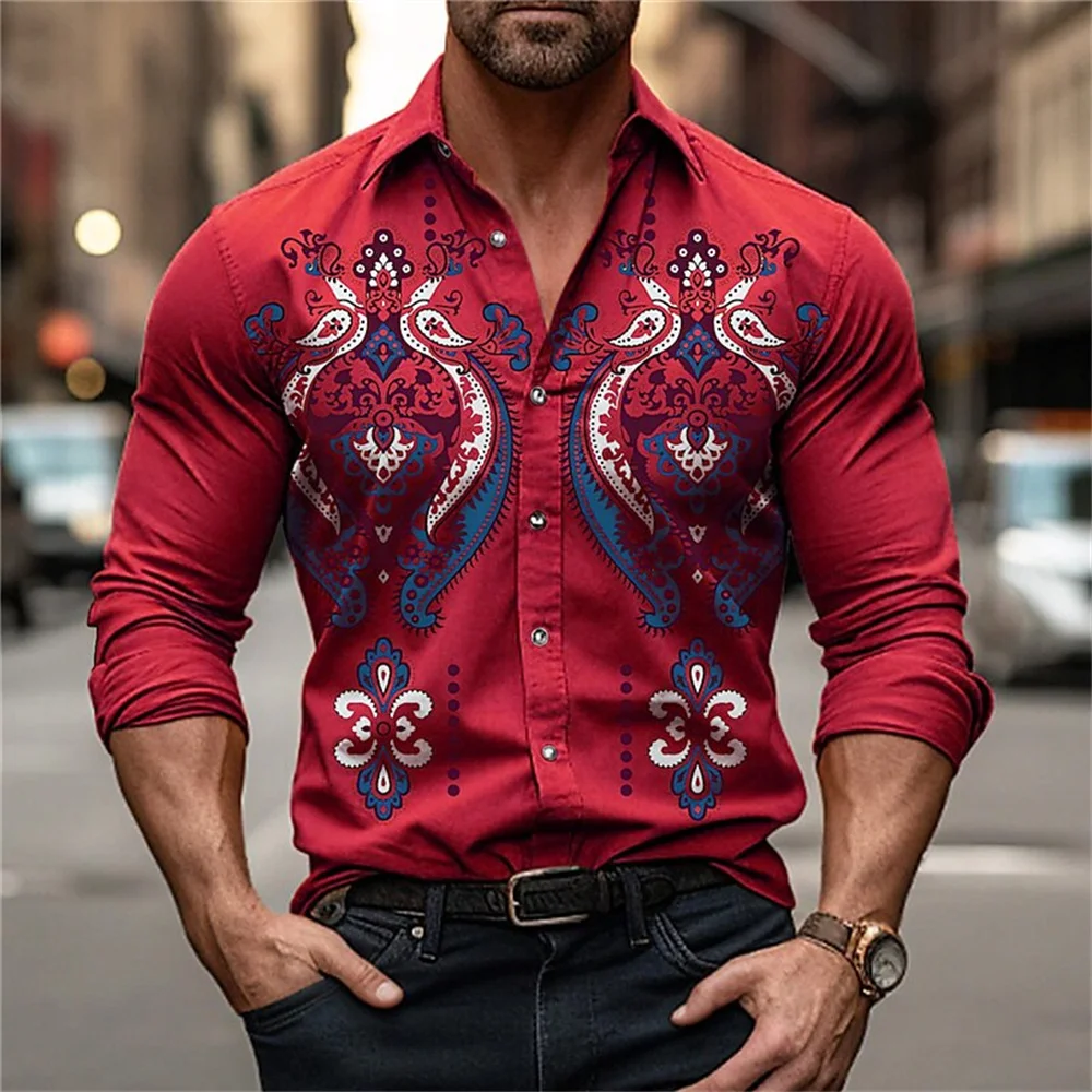 Hawaiian beach shirt men's pattern flower brushed yellow, red, blue, green light outdoor long sleeved top street casual wear