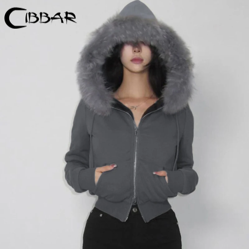 CIBBAR Furry Hooded Coat Women Casual Pockets Sweatshirts Autumn Winter Zip Up Cropped Hoodies Streetwear y2k Outerwear Vintage