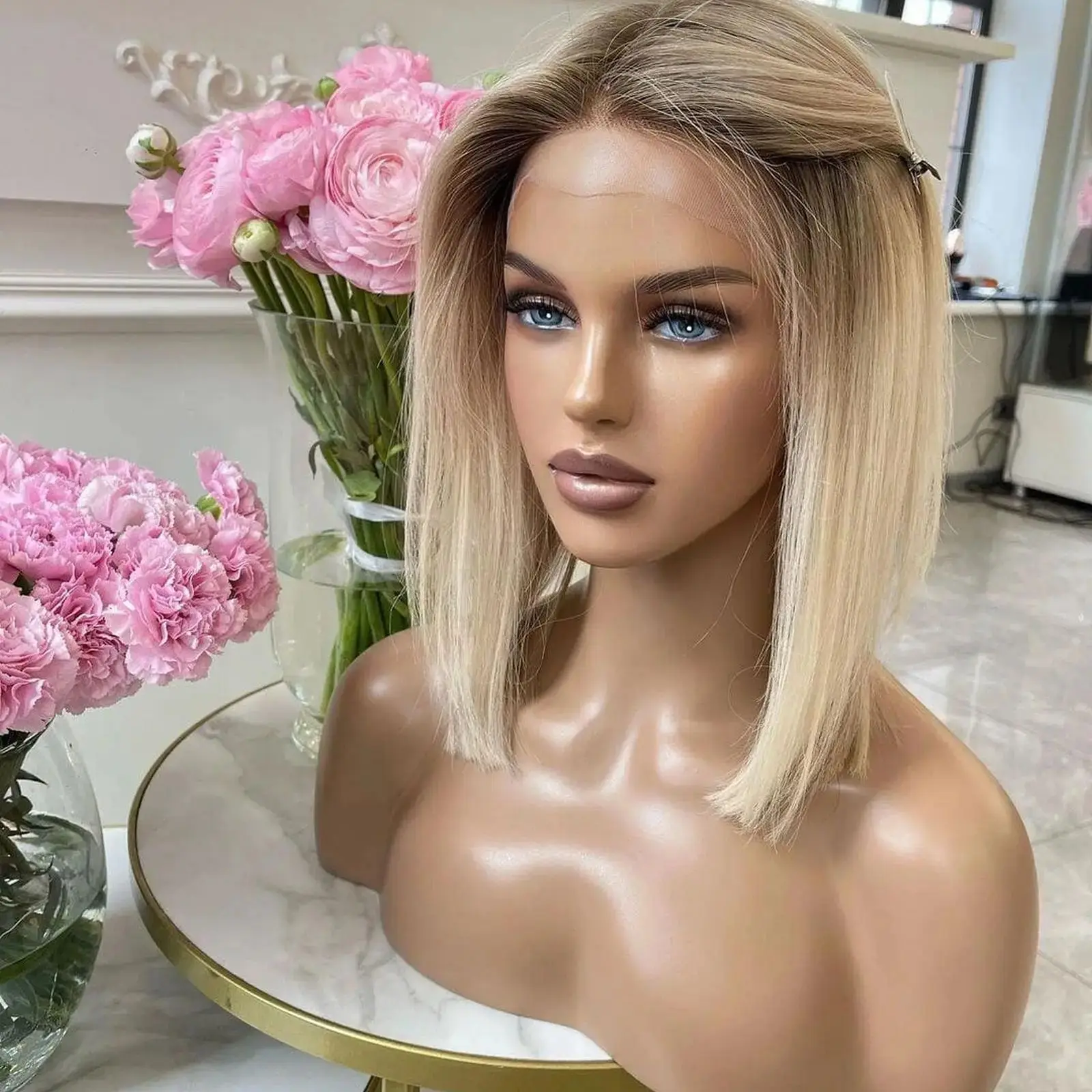 Luxury Women Glueless Lace Wig Natural Straight Synthetic Wig Futura Soft Fibre Ombre Ash Platinum Blonde Wig On Clearance Sale
