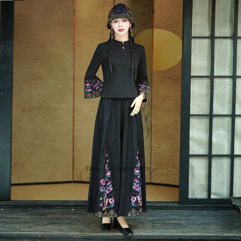 2025 pantaloni vintage cinesi pantaloni tradizionali a gamba larga ricamati con fiori nazionali pantaloni folk in vita elastica jacquard in raso