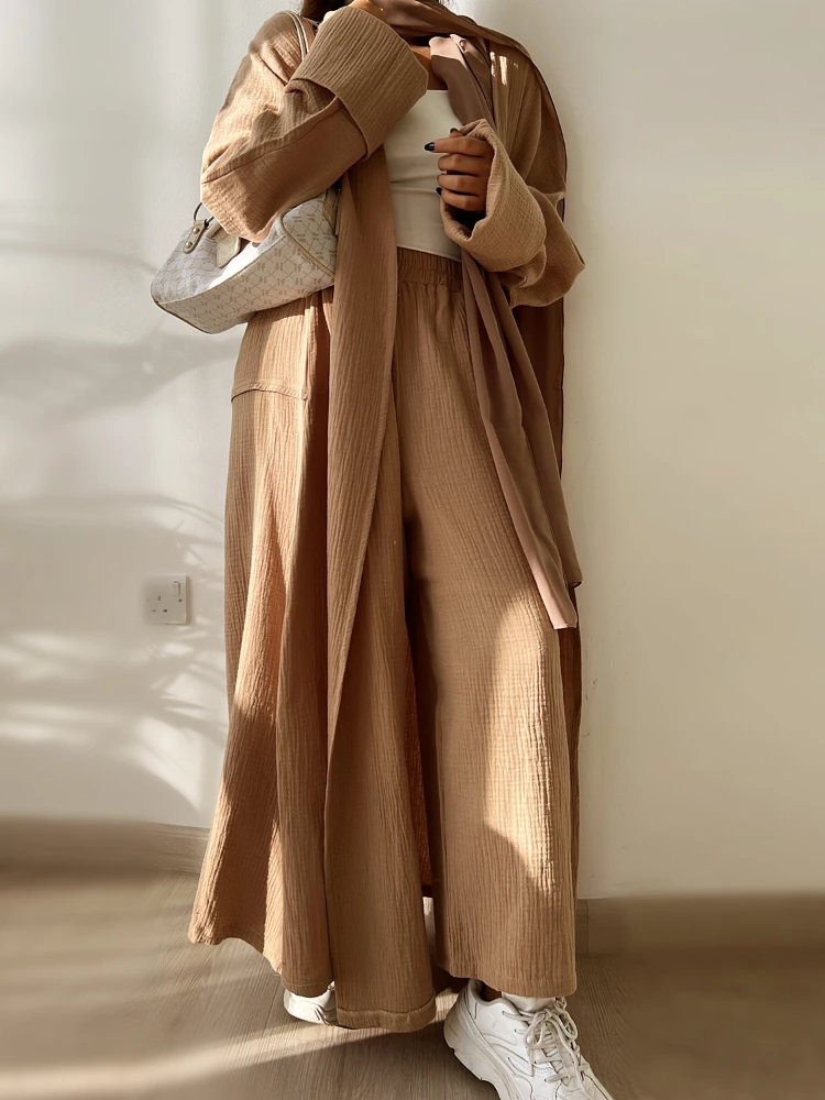 Muslim Women Abayas Two Piece Pants Suits Casual Dress Solid Long Sleeve Cardigan Abaya + Straight Leg Trousers Set Matching Set